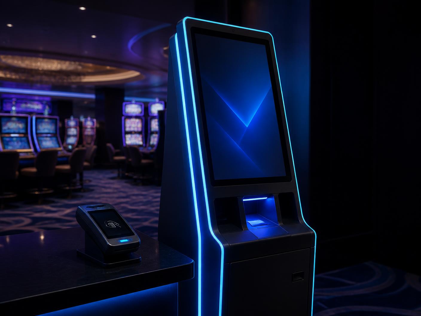 Cashless gaming kiosk and card reader terminal on a gaming floor