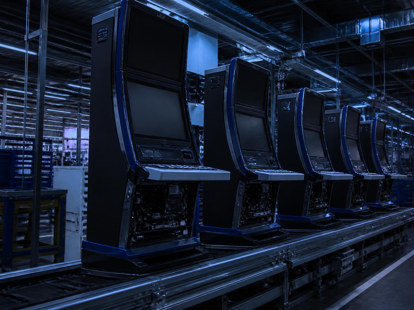 Slot cabinet assembly line inside a gaming equipment factory