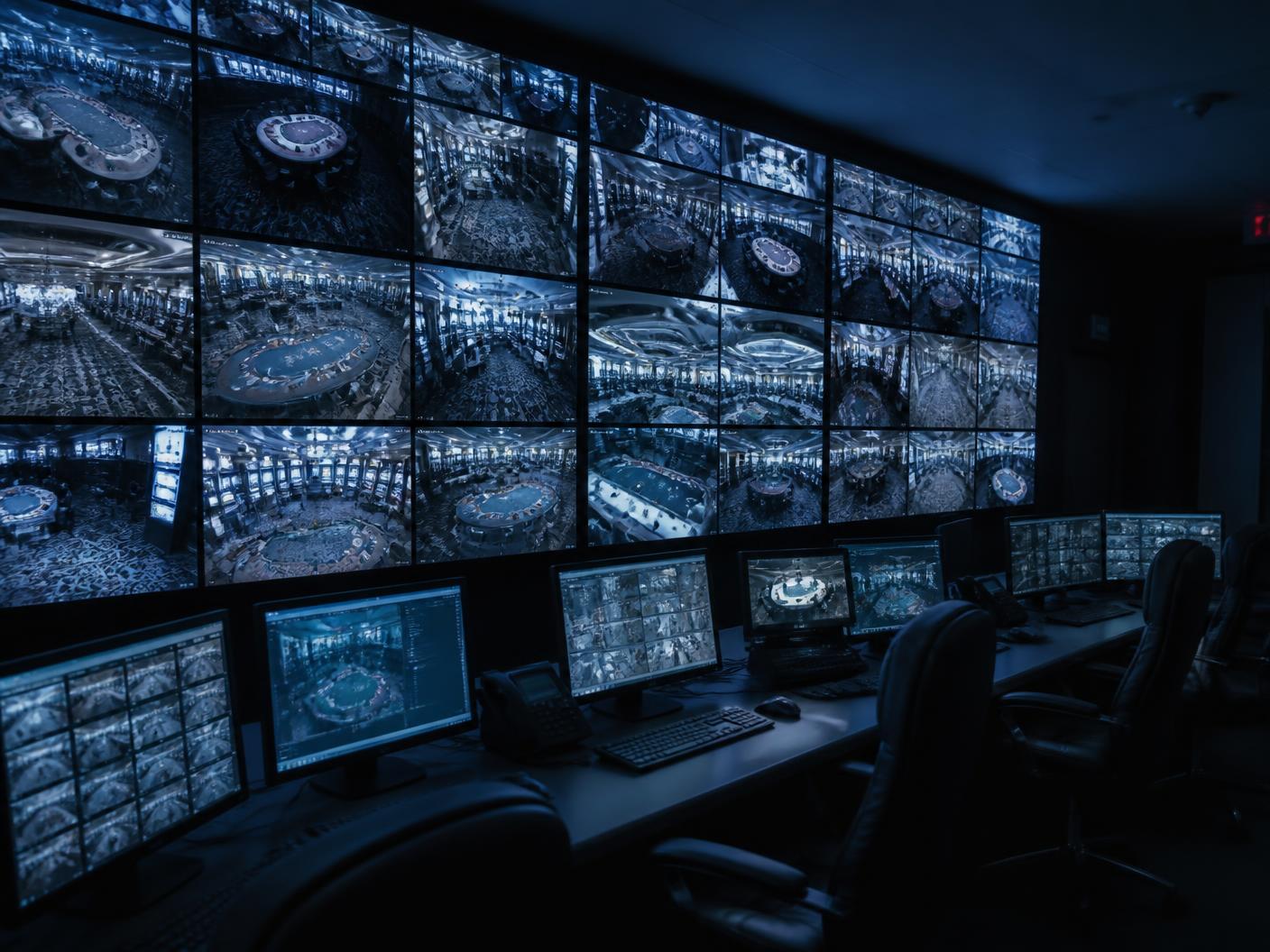 Casino surveillance control room with a wall of gaming floor monitors