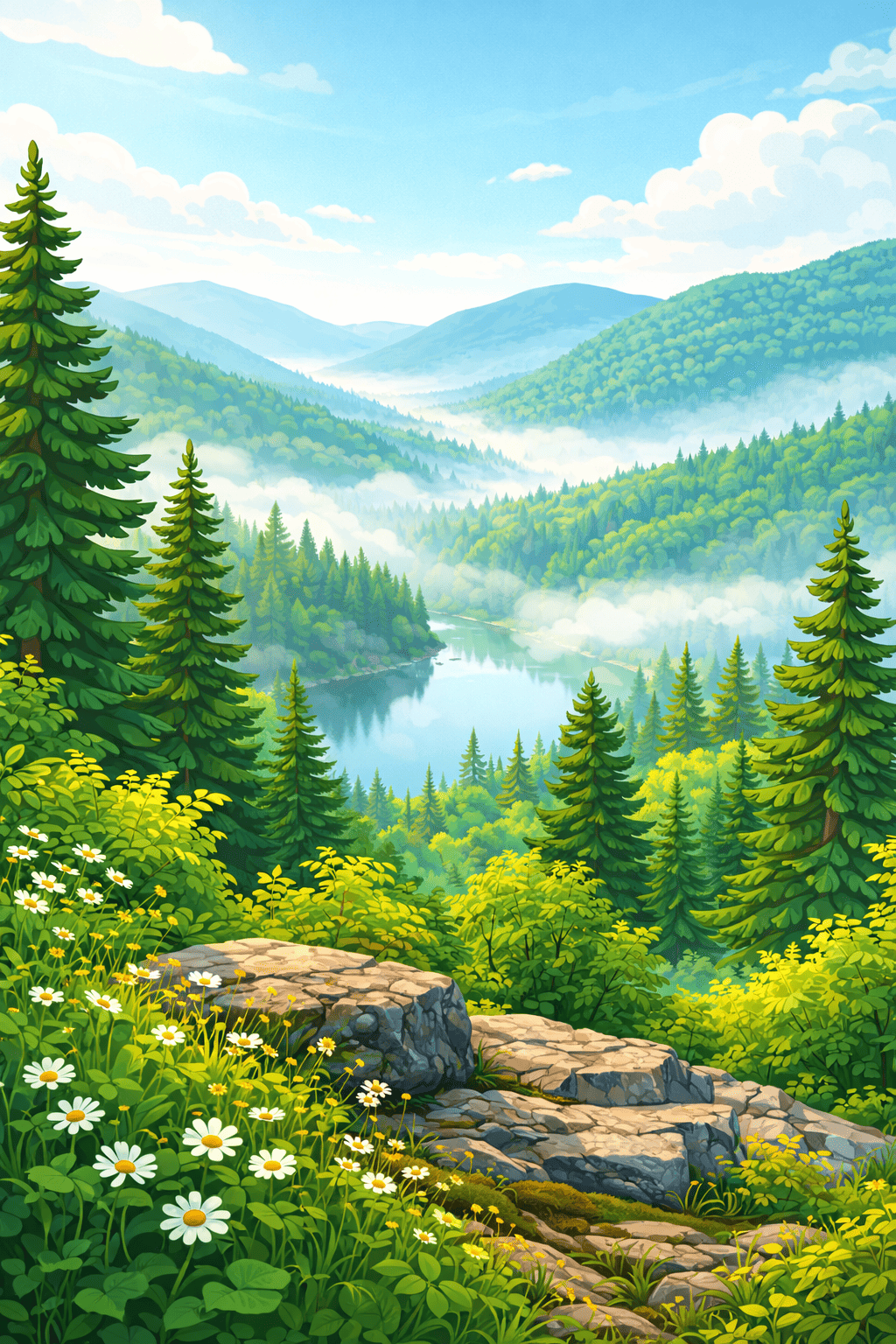 Peaceful mountain landscape with morning mist over Quebec wilderness