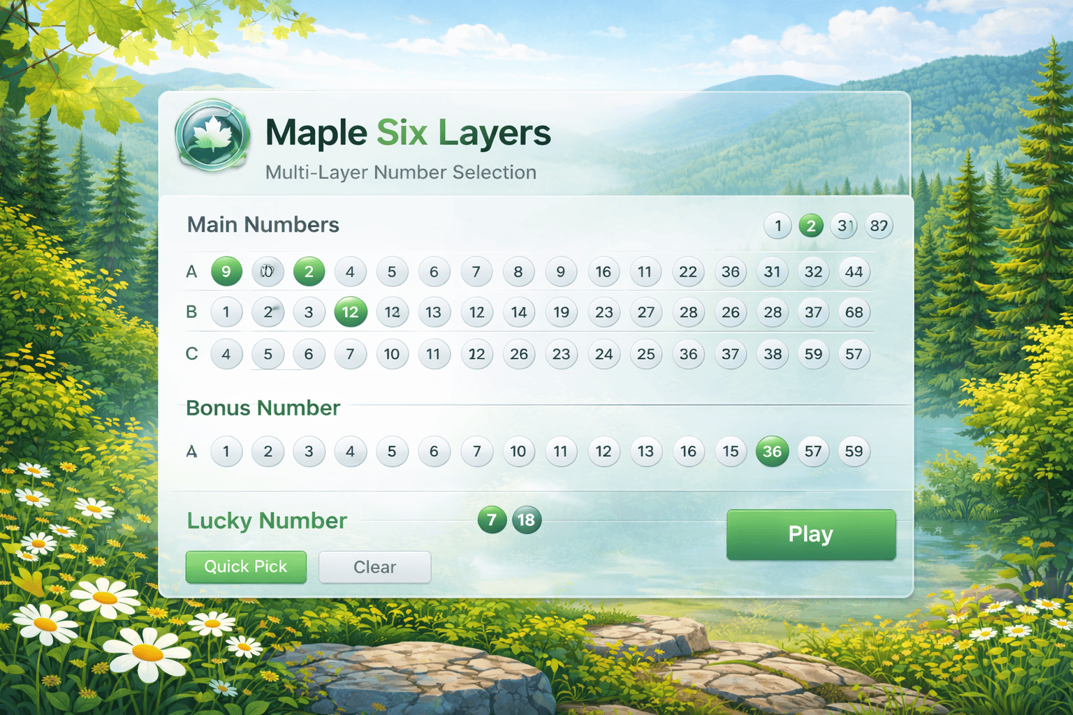 Maple Six Layers lottery view showing a multi-layered number selection interface
